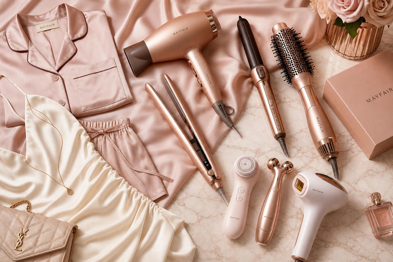 Luxury flat lay of rose gold hair tools, satin sleepwear, elegant dress, beauty devices and accessories on blush silk